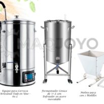 Kit cervecero 7: Equipo para Cerveza Artesanal Todo en Uno 60 L + Fermentador Cónico de 70 L con Enfriador en acero inoxidable + Molino para Malta con 2 Rodillos