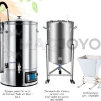 Kit cervecero 6: Equipo para Cerveza Artesanal Todo en Uno 60 L + Fermentador Cónico de 100 L con Enfriador en acero inoxidable + Molino para Malta con 3 Rodillos